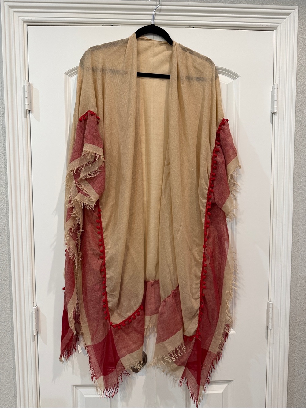 Beige and Red Fringe Swim Coverup Kimono